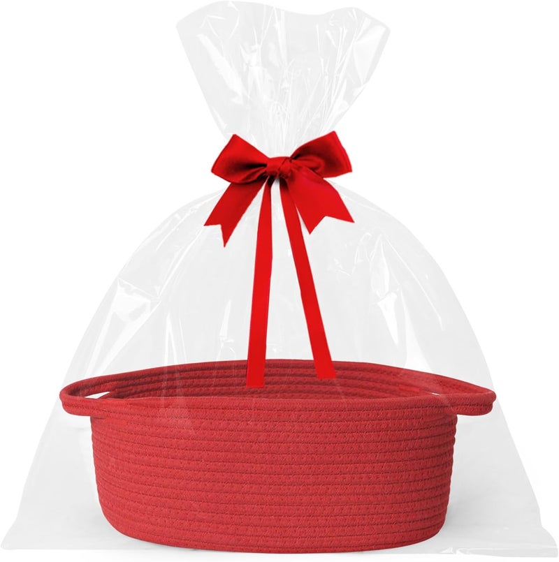 WILLITAT Small Baskets for Gifts Empty, 13"x 9"x 5" Woven Gift Basket with Bag and Ribbon, Cotton Rope Kids Dog Cat Toy Bin Box, Cute Baby Nursery Organizer, Decorative Storage with Handles, Red - Image 1